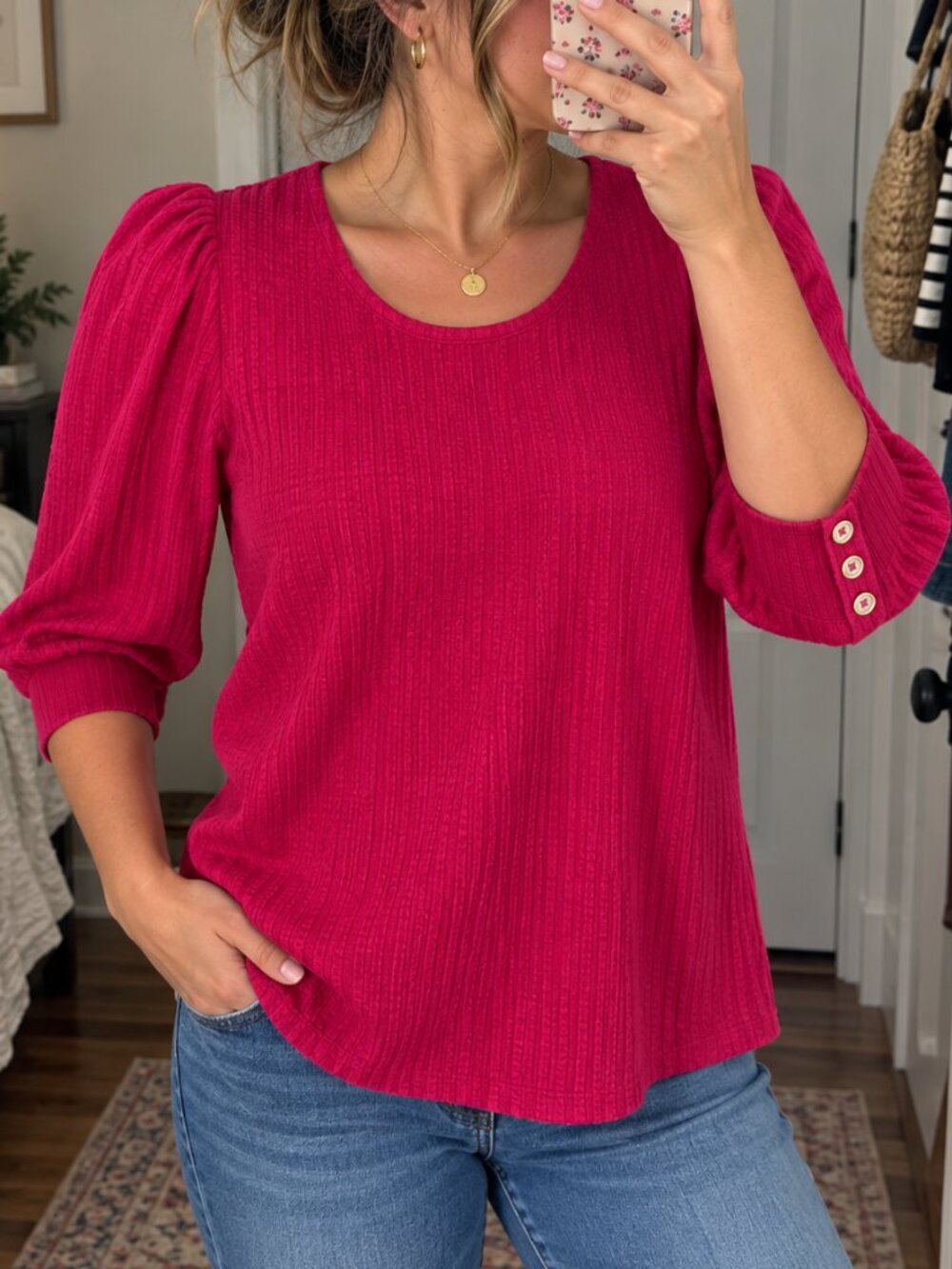 Talbots Pink Puff Sleeve Rib Knit Top SP Cotton Blend NWT Career Preppy